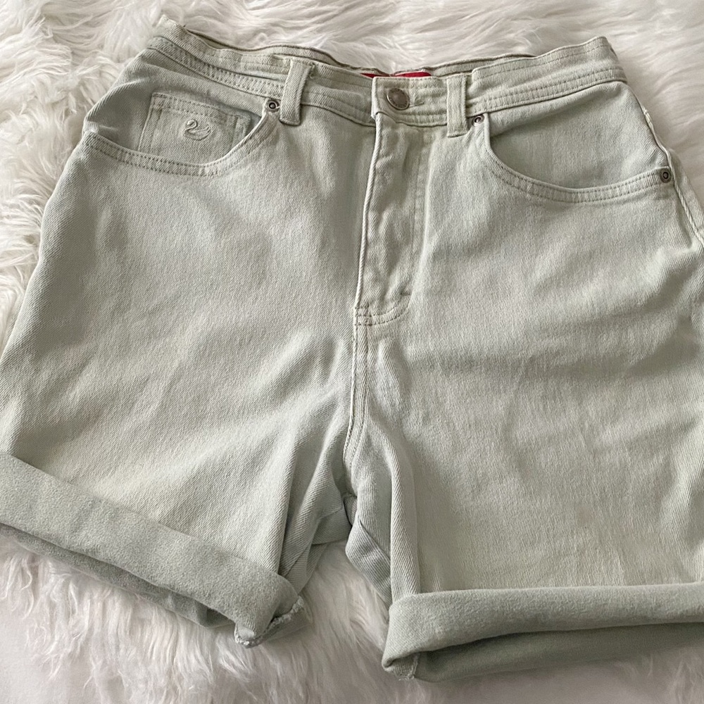 Pale Mint • High Waist Rolled Cut Off Jean Shorts